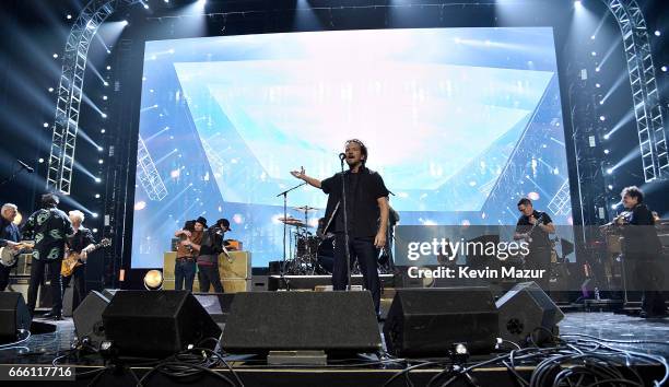 Inductee Eddie Vedder of Pearl Jam performs onstage during the 32nd Annual Rock & Roll Hall Of Fame Induction Ceremony at Barclays Center on April 7,...