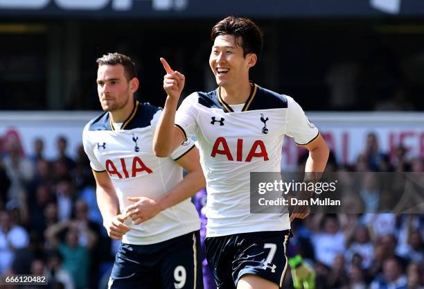 Heung-Min Son of Tottenham Hotspur celebrates scoring his sides fourth goal during the Premier League match between Tottenham Hotspur and Watford at...