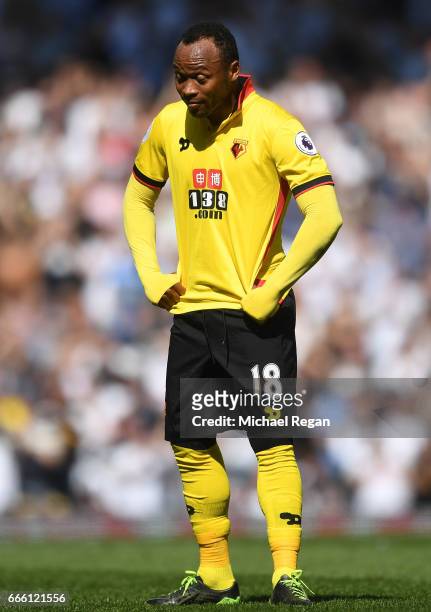 Juan Camilo Zuniga of Watford looks on during the Premier League match between Tottenham Hotspur and Watford at White Hart Lane on April 8, 2017 in...
