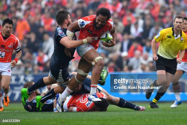 Liaki Moli of Sunwolves is tackled during the Super Rugby Rd 7 match between Sunwolves v Bulls at Prince Chichibu Memorial Ground on April 8, 2017 in...