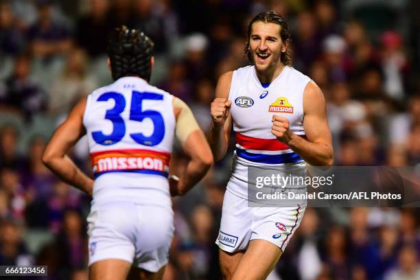 Marcus Bontempelli of the Bulldogs celebrates a goal during the 2017 AFL round 03 match between the Fremantle Dockers and the Western Bulldogs at...