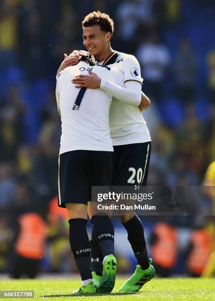 Heung-Min Son of Tottenham Hotspur and Dele Alli of Tottenham Hotspur embrace after the Premier League match between Tottenham Hotspur and Watford at...