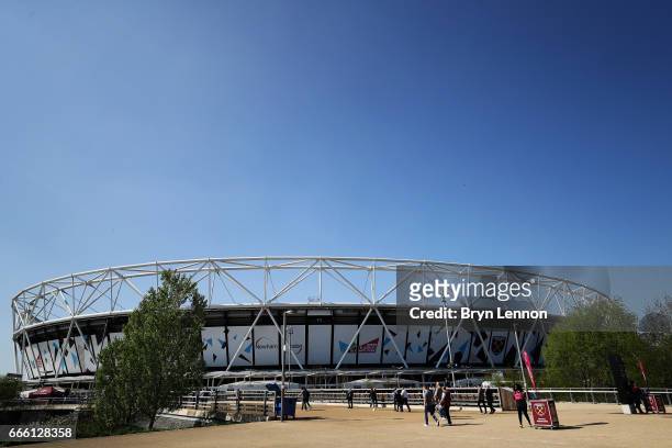 General view outside the stadium prior to the Premier League match between West Ham United and Swansea City at London Stadium on April 8, 2017 in...