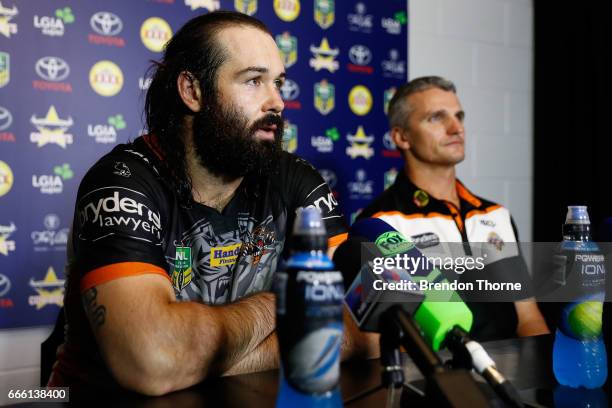 West Tigers coach, Ivan Cleary and Aaron Woods of the Tigers speak with the media following the round six NRL match between the North Queensland...