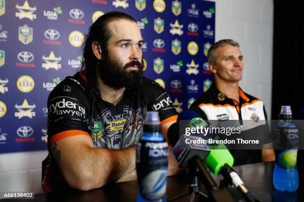 West Tigers coach, Ivan Cleary and Aaron Woods of the Tigers speak with the media following the round six NRL match between the North Queensland...