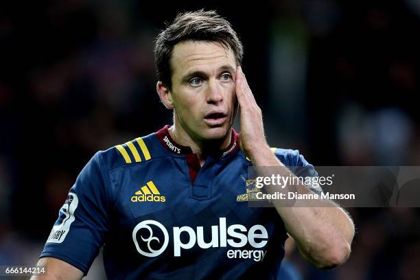 Ben Smith of the Highlanders looks on during the round seven Super Rugby match between the Highlanders and the Blues on April 8, 2017 in Dunedin, New...