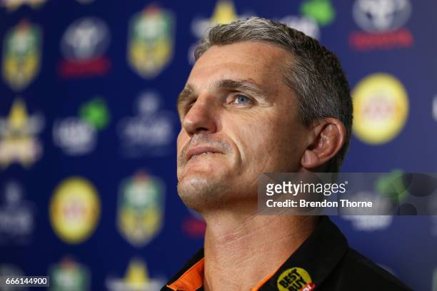 West Tigers coach, Ivan Cleary speaks with the media following the round six NRL match between the North Queensland Cowboys and the Wests Tigers at...