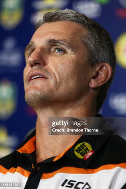 West Tigers coach, Ivan Cleary speaks with the media following the round six NRL match between the North Queensland Cowboys and the Wests Tigers at...