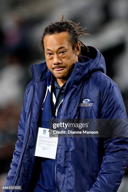 Tana Umaga, coach of the Blues, looks on ahead of the round seven Super Rugby match between the Highlanders and the Blues on April 8, 2017 in...