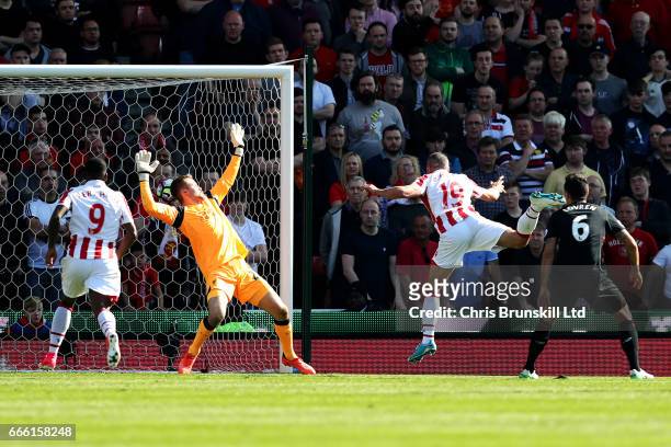 Jonathan Walters of Stoke City scores the opening goal during the Premier League match between Stoke City and Liverpool at Bet365 Stadium on April 8,...
