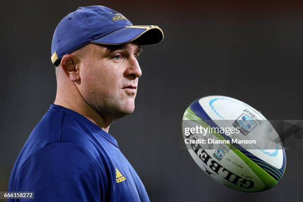 Clarke Dermody, scrum coach of the Highlanders, looks on during the round seven Super Rugby match between the Highlanders and the Blues on April 8,...