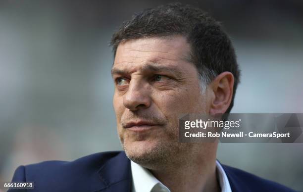 West Ham United manager Slaven Bilic during the Premier League match between West Ham United and Swansea City at London Stadium on April 8, 2017 in...