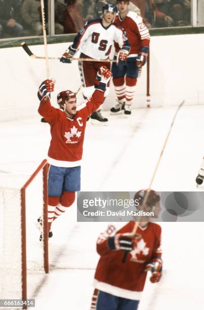 Dave Tippett of Canada celebrates a goal during a match against the United States of America in the Ice Hockey tournament of the 1984 Winter Olympic...