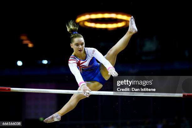 Amy Tinkler of Great Britain competes on the uneven bars during the women's competition for the iPro Sport World Cup of Gymnastics at The O2 Arena on...