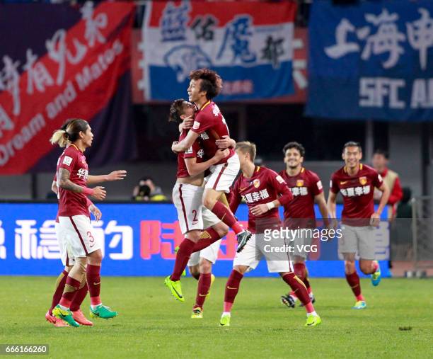 Players of Hebei China Fortune FC celebrate a point during the 4th round match of China Super League between Hebei China Fortune FC and Shanghai...