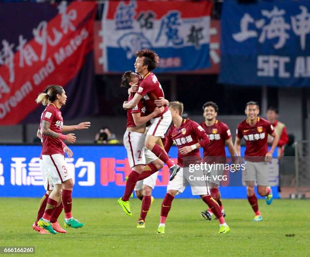 Players of Hebei China Fortune FC celebrate a point during the 4th round match of China Super League between Hebei China Fortune FC and Shanghai...