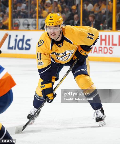 Parenteau of the Nashville Predators skates against the New York Islanders during an NHL game at Bridgestone Arena on April 4, 2017 in Nashville,...