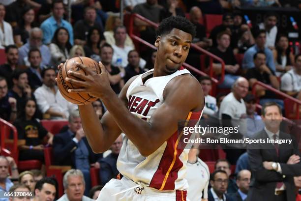 Hassan Whiteside of the Miami Heat in action during a NBA game against the New York Knicks on March 31, 2017 at AmericanAirlines Arena in Miami,...