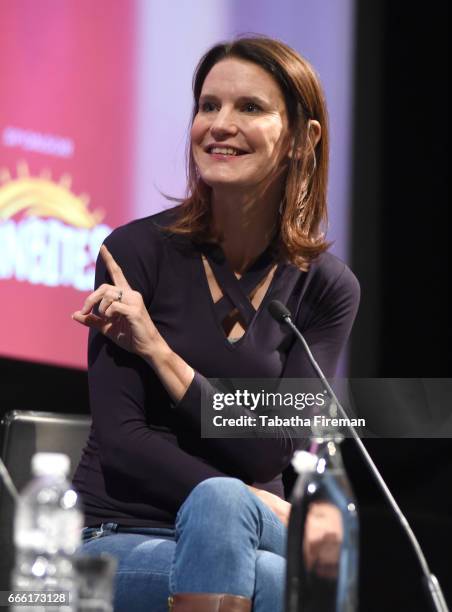 Susie Dent speaks on stage during the discussion "My Life in Words" at the BFI & Radio Times TV Festival at the BFI Southbank on April 8, 2017 in...