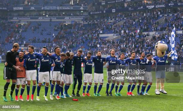 Team of Schalke celebrates after the Bundesliga match between FC Schalke 04 and VfL Wolfsburg at Veltins-Arena on April 8, 2017 in Gelsenkirchen,...