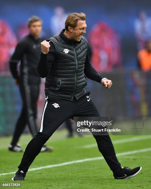 Ralph Hasenhuettl, head coach of Leipzig celebrates during the Bundesliga match between RB Leipzig and Bayer 04 Leverkusen at Red Bull Arena on April...