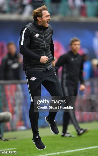 Ralph Hasenhuettl, head coach of Leipzig celebrates during the Bundesliga match between RB Leipzig and Bayer 04 Leverkusen at Red Bull Arena on April...