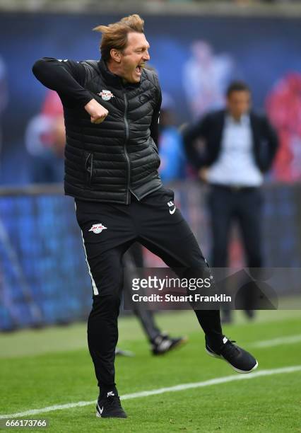 Ralph Hasenhuettl, head coach of Leipzig celebrates during the Bundesliga match between RB Leipzig and Bayer 04 Leverkusen at Red Bull Arena on April...