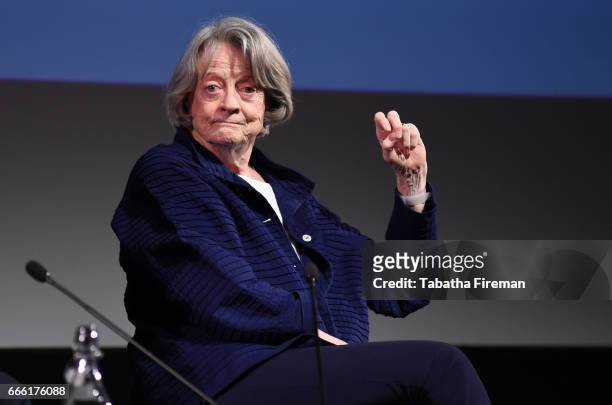 Maggie Smith speaks on stage during the "In Conversation With" chaired by Mark Lawson at the BFI & Radio Times TV Festival at the BFI Southbank on...