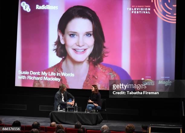 Chair Richard Madeley and Susie Dent speak on stage during the discussion "My Life in Words" at the BFI & Radio Times TV Festival at the BFI...