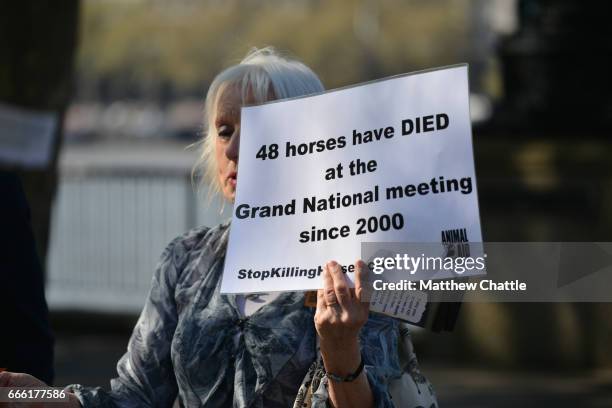 Animal rights activists demonstrate outside the ITV studios against the Grand National Race on April 08, 2017 in London, England. PHOTOGRAPH BY...