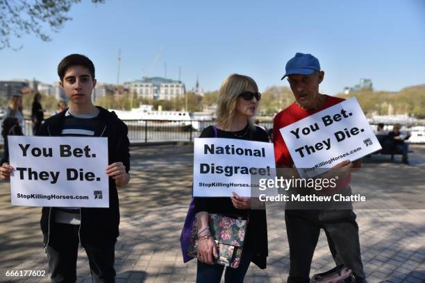 Animal rights activists demonstrate outside the ITV studios against the Grand National Race on April 08, 2017 in London, England. PHOTOGRAPH BY...
