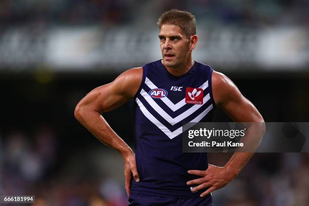 Aaron Sandilands of the Dockers looks on during the round three AFL match between the Fremantle Dockers and the Western Bulldogs at Domain Stadium on...