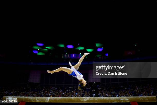 Amy Tinkler of Great Britain competes on the beam during the women's competition for the iPro Sport World Cup of Gymnastics at The O2 Arena on April...