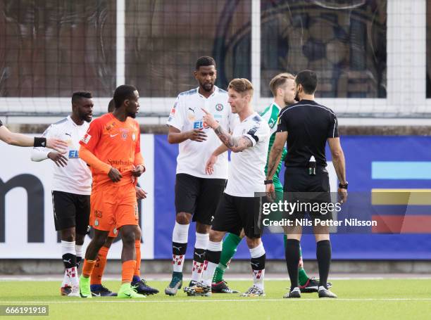 Mohammed Buya Turay of Athletic FC Eskilstuna and Martin Lorentzson of Orebro SK in an argument during the Allsvenskan match between Athletic FC...