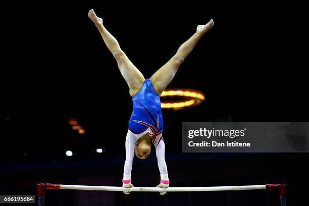 Amy Tinkler of Great Britain competes on the uneven bars during the women's competition for the iPro Sport World Cup of Gymnastics at The O2 Arena on...