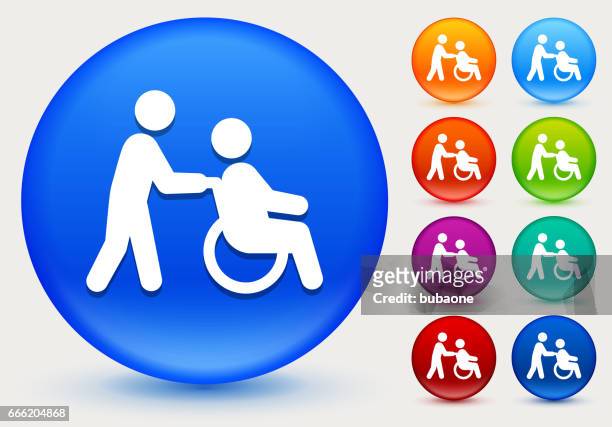 wheelchair caregiver icon on shiny color circle buttons - nurse maroon stock illustrations