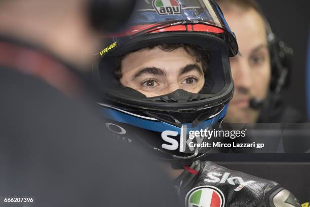 Francesco Bagnaia of Italy and Sky Racing Team VR46 looks on in box during the MotoGp of Argentina - Qualifying on April 8, 2017 in Rio Hondo,...