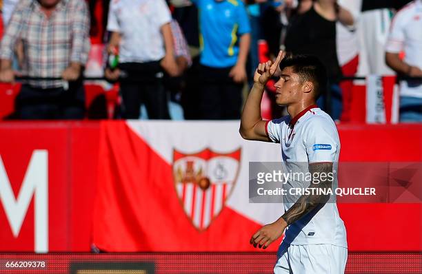 Sevilla's Argentinian midfielder Joaquin Correa celebrates a goal during the Spanish league football match Sevilla FC vs RC Deportivo de la Coruna at...