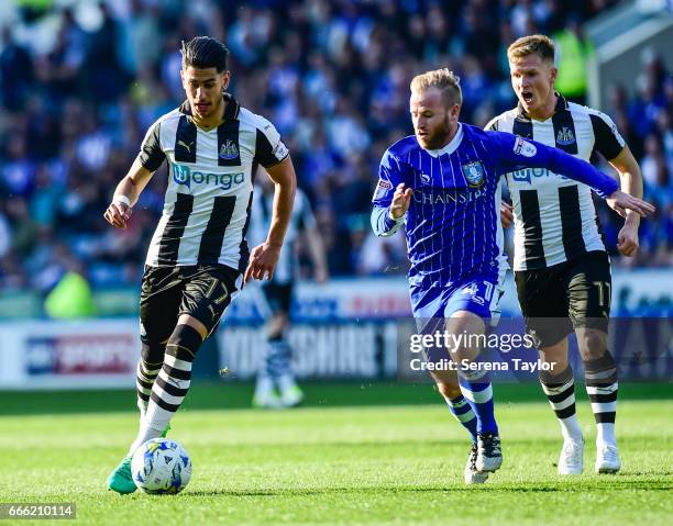 Ayoze Perez of Newcastle United controls the ball whilst being pursued by Barry Bannan of Sheffield Wednesday during the Sky Bet Championship Match...