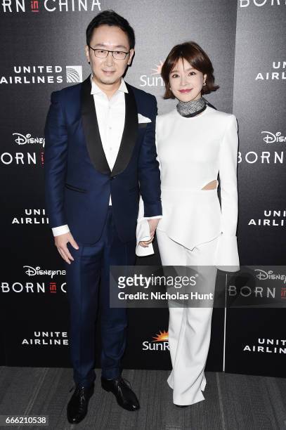Director Lu Chuan and Hu Die attends the Disneynature With The Cinema Society Host The Premiere Of "Born In China" at Landmark Sunshine Cinema on...