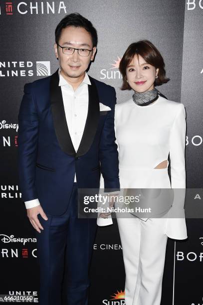 Director Lu Chuan and Hu Die attends the Disneynature With The Cinema Society Host The Premiere Of "Born In China" at Landmark Sunshine Cinema on...