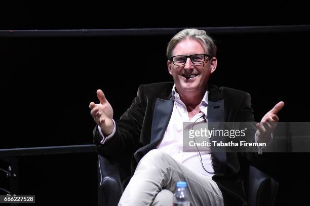 Adrian Dunbar speaks onstage during the panel discussion about "Line of Duty" at the BFI & Radio Times TV Festival at the BFI Southbank on April 8,...