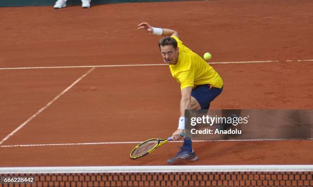 Andreas Siljestrom and Johan Brunstrom of Sweden are in action against Turkey's Cem Ilkel and Altug Celikbilek during 2017 Davis Cup Europe/Africa...