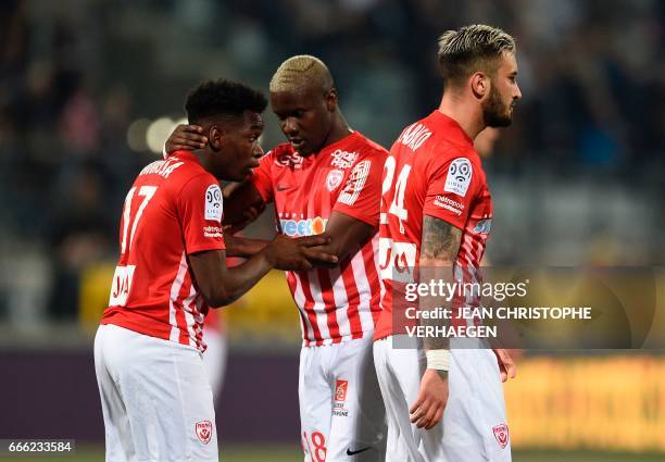 Nancy's players celebrate a goal during the French L1 football match between Nancy and Rennes on April 8, 2017 at the Marcel Picot Stadium in...