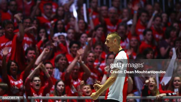 Nick Pikaar of Top/Quoration celebrates scoring a point during the Dutch Korfball League Final between Blauw-Wit and TOP/Quoratio held at the Ziggo...