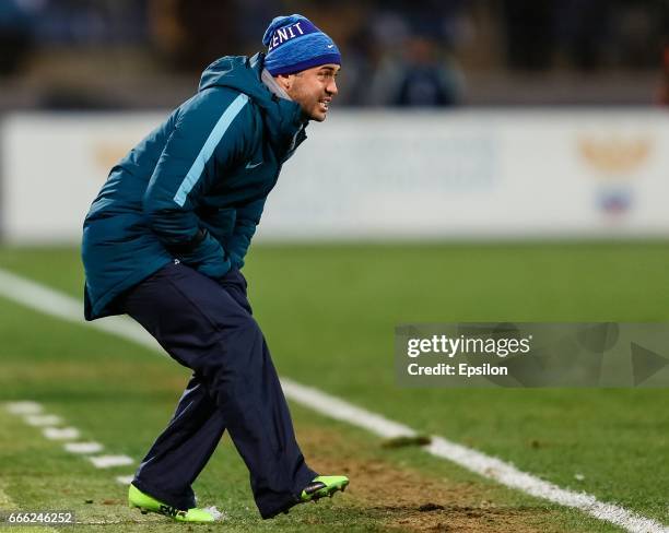 Aleksandr Kerzhakov of FC Zenit St. Petersburg reacts as he observes the game from the bench during the Russian Football League match between FC...