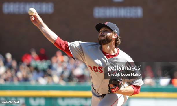 Ben Taylor of the Boston Red Sox pitches during the seventh inning of the game against the Detroit Tigers on April 8, 2017 at Comerica Park in...