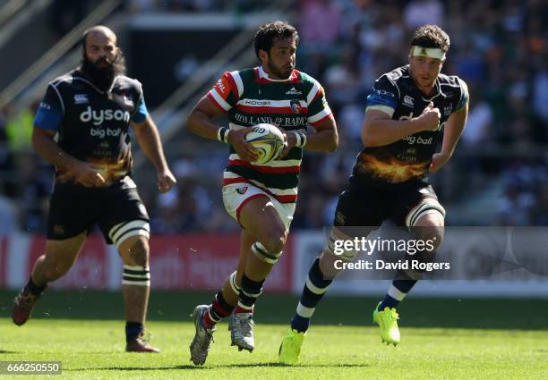 Maxime Mermoz of Leicester breaks with the ball during the Aviva Premiership match between Bath and Leicester Tigers at Twickenham Stadium on April...