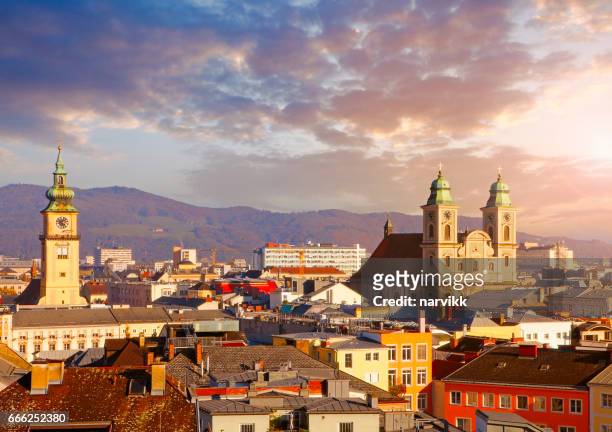 austrian town linz with old cathedral - austria skyline stock pictures, royalty-free photos & images
