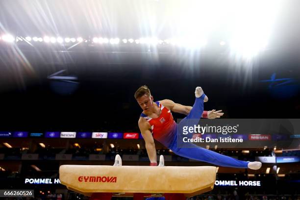 Brinn Bevan of Great Britain competes on the pommel horse during the men's competition for the iPro Sport World Cup of Gymnastics at The O2 Arena on...